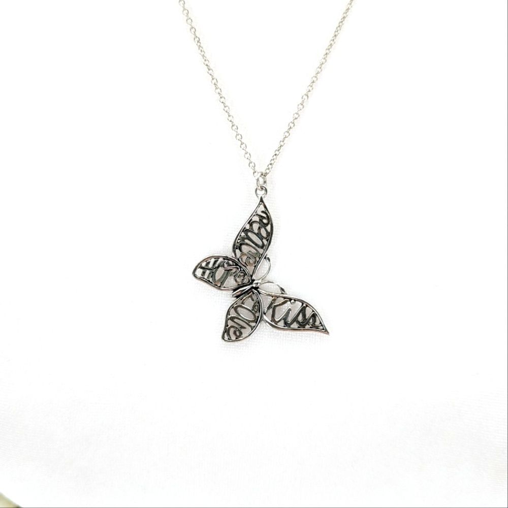 Cookie Lee Butterfly Silver Tone Words Cut Out Inspirational Pendant Necklace